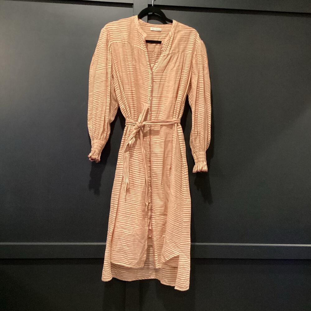 ULLA JOHNSON FIORA long sleeve tie STRIPED fawn tan shirt dress  Size 2 - Picture 2 of 11